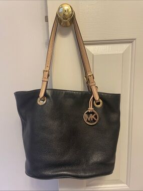Michael Kors Black Leather Tote with Tan Handles and Gold Hardware
